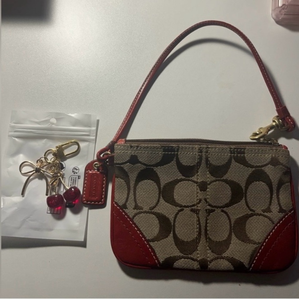 Coach Signature Monogram Wristlet & Cherry Bag Charm | Rare Combo Is Lovely - Picture 6 of 9